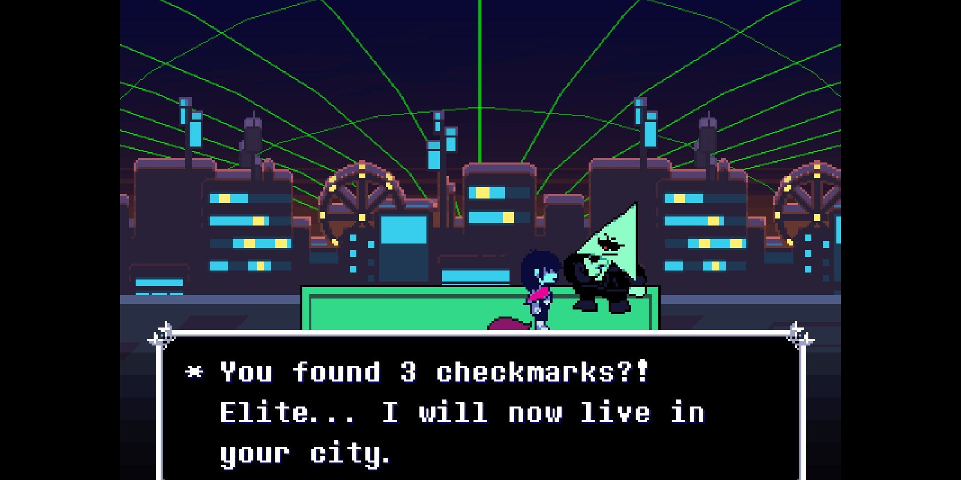 Screenshot of the Hacker Man choosing to Live In Your City in Deltarune.