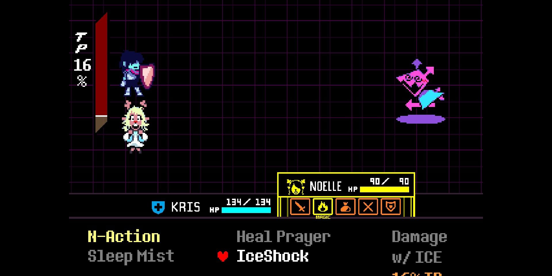 Screenshot of the Ice Shock Spell in the Deltarune fight menu.