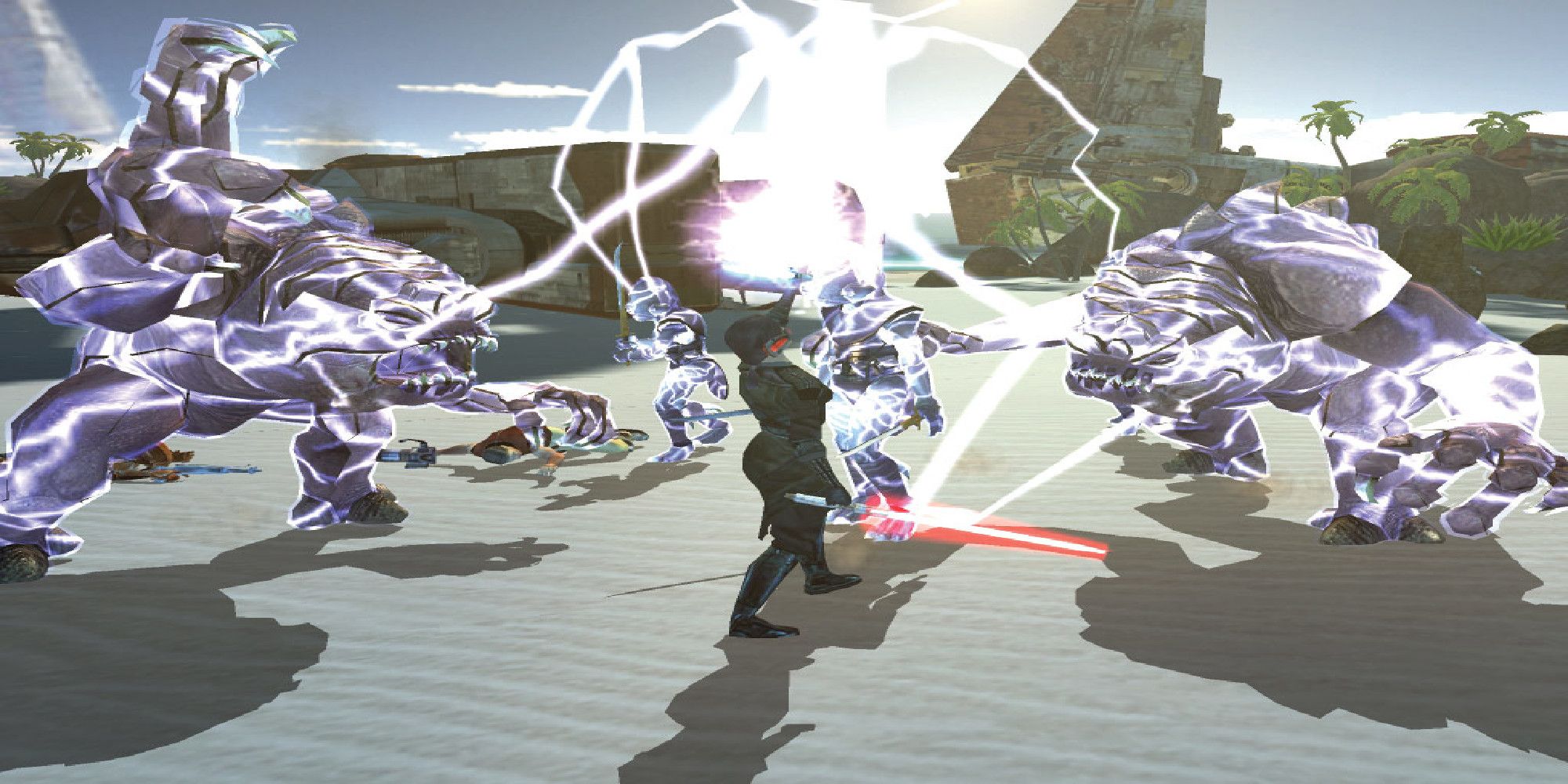 Star Wars: Knights of the Old Republic player using force lightning on enemies