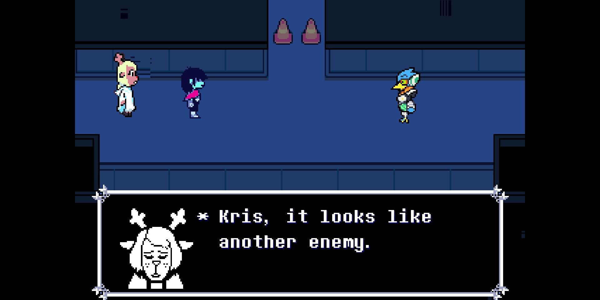Screenshot of Noelle saying Berdly "Looks Like Another Enemy" in Deltarune.