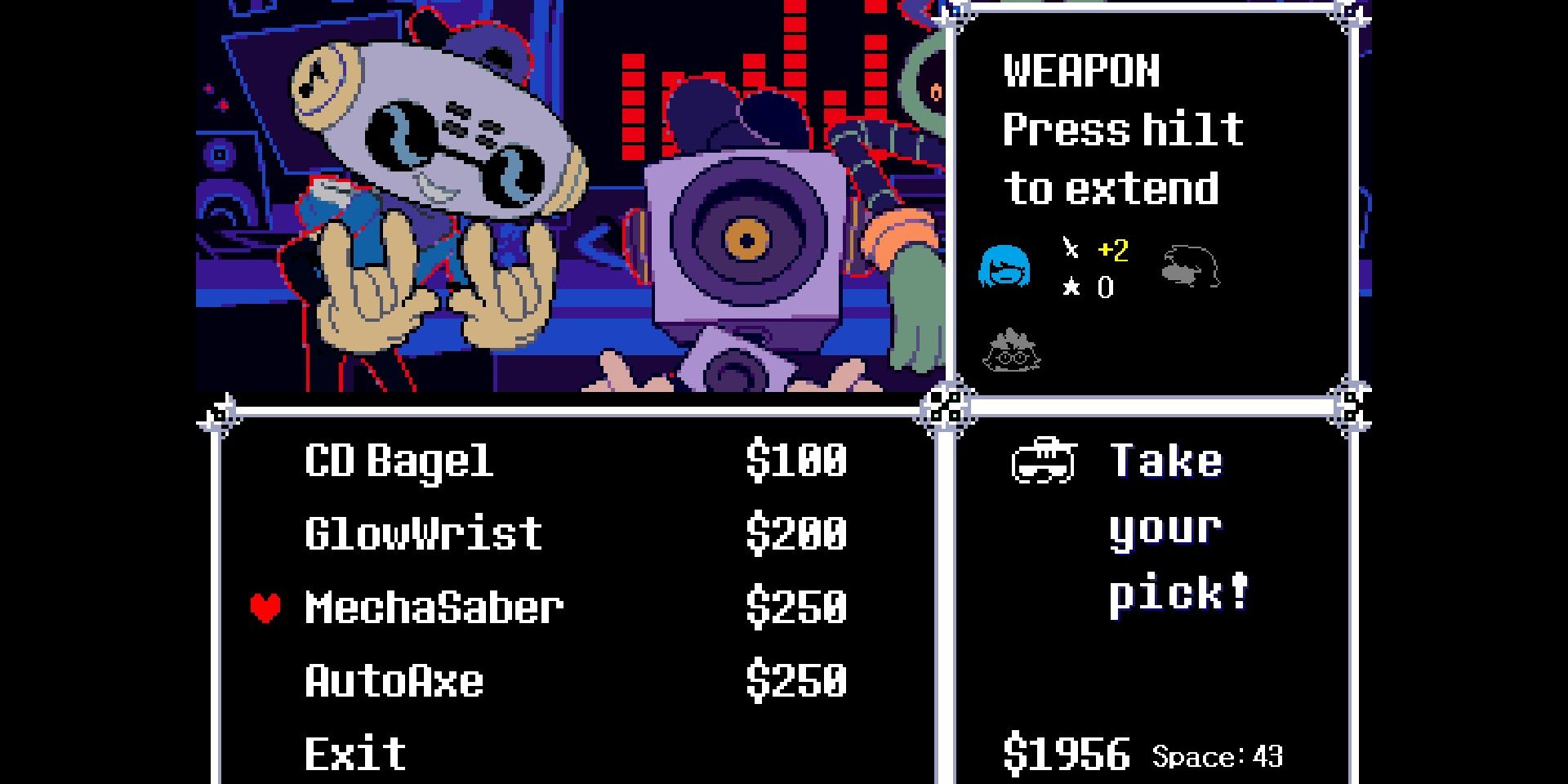 Screenshot of the Mecha Saber and Auto Axe in The Guys' Shop in Deltarune.
