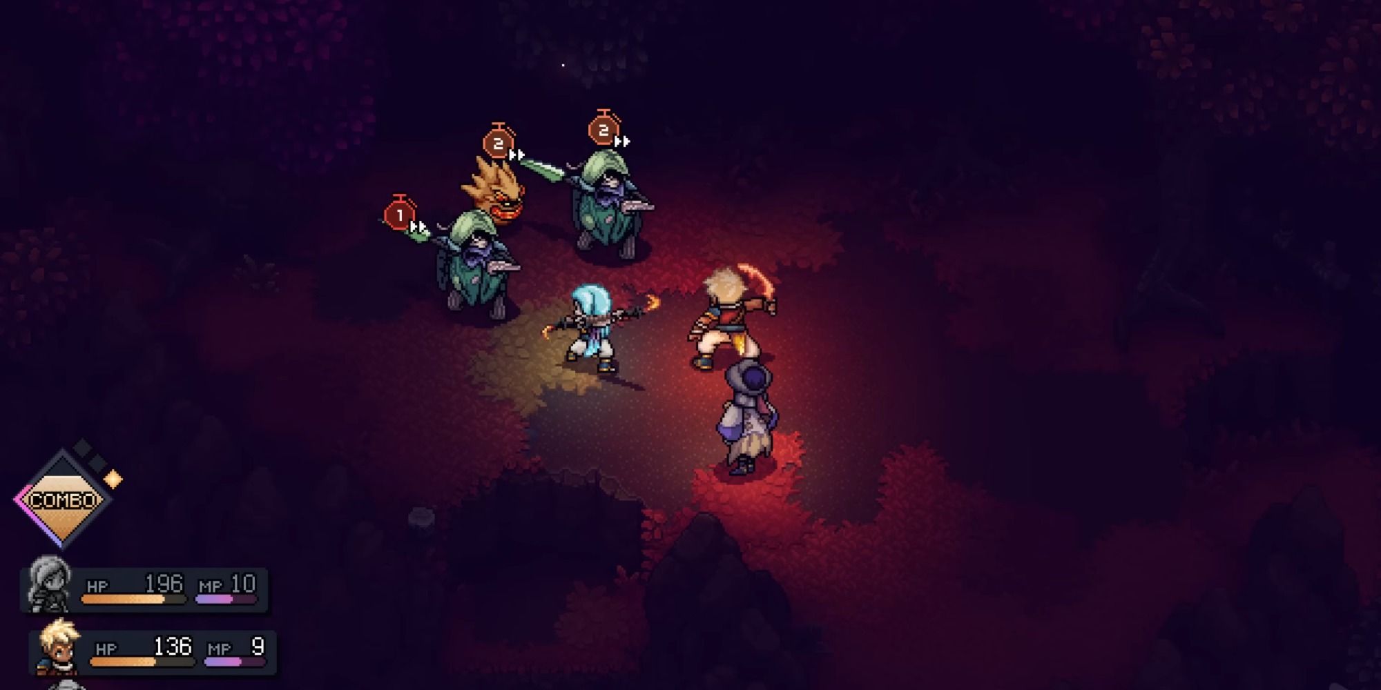 Valere vung vũ khí giữa một chuỗi chiến đấu trong Sea of Stars, thể hiện đồ họa pixel-art đẹp mắt.