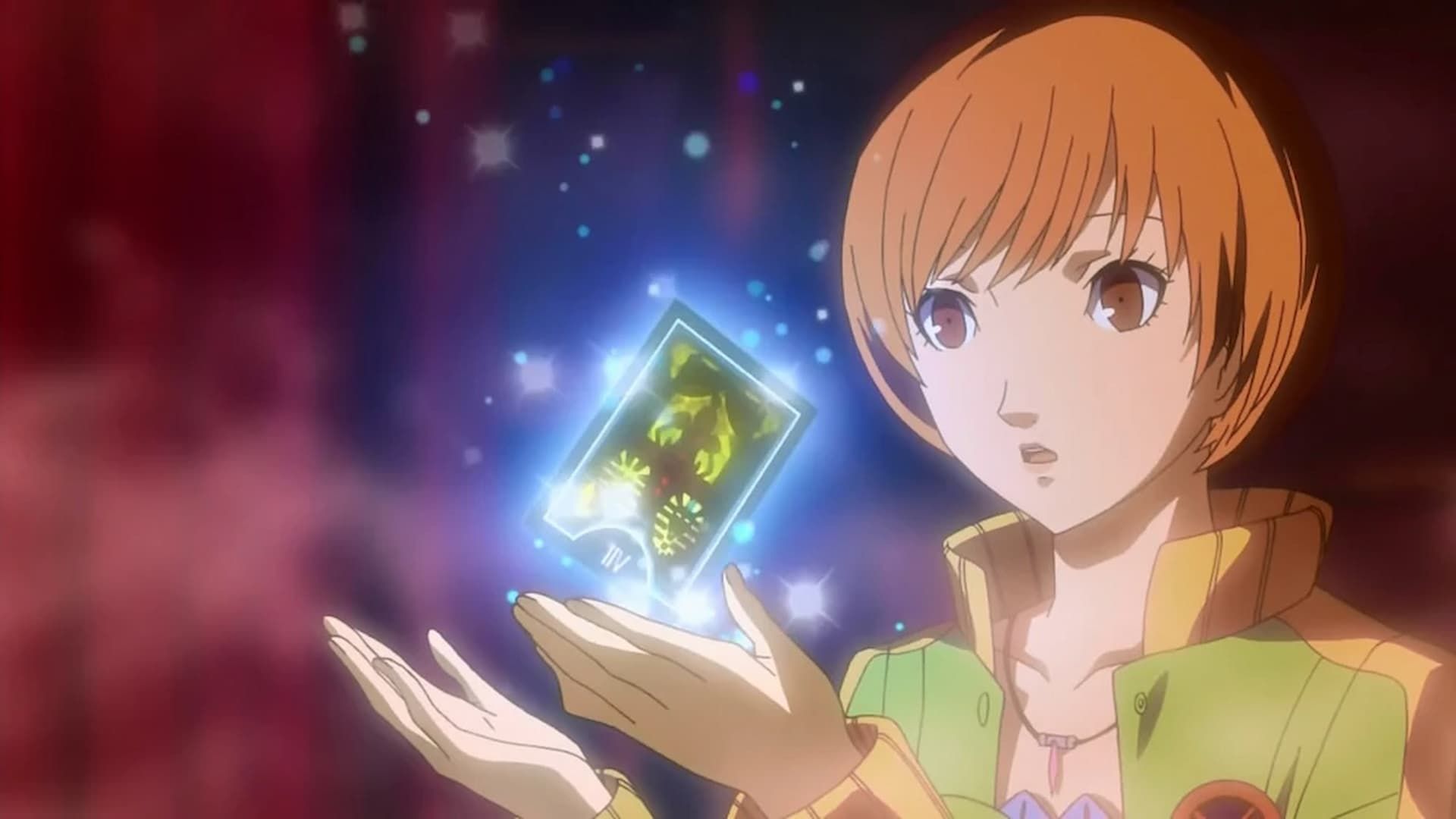 Persona 4 Anime Chie Holding Tarot Card