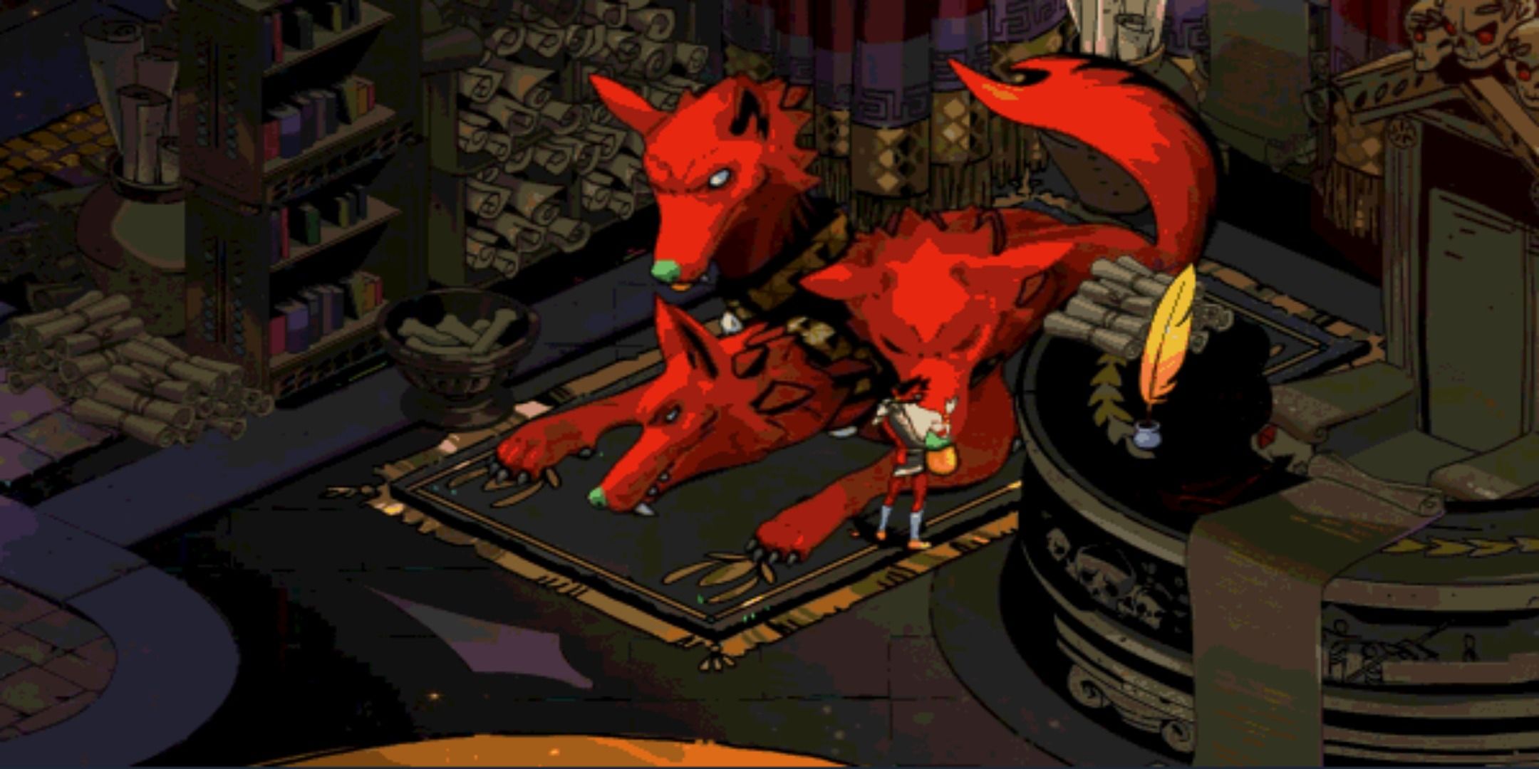Zagreus petting Cerberus in Hades.