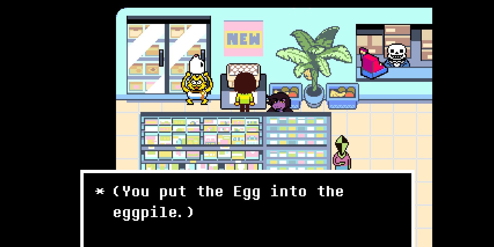Screenshot of Kris Putting the Egg in the Basket in Deltarune.