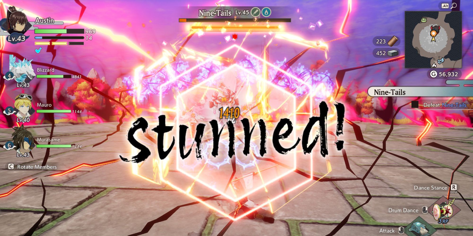 Stunning the boss Nine-Tails in Rune Factory: Guardians of Azuma.