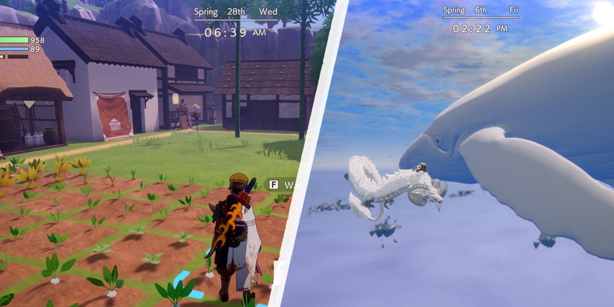 Building a village and flying near a whale in Rune Factory: Guardians of Azuma.