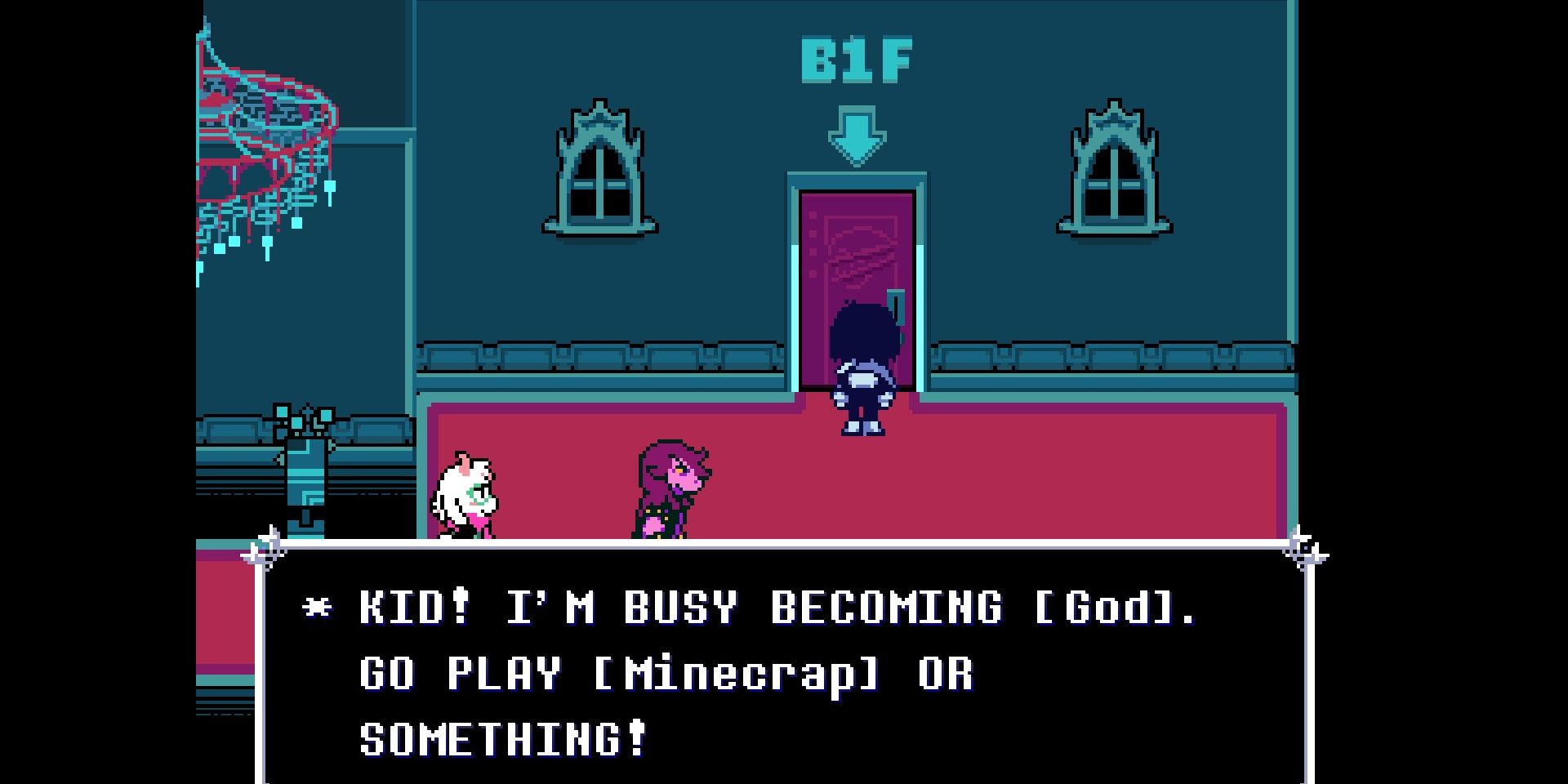 Screenshot of Spamton saying he's Becoming God in Deltarune.