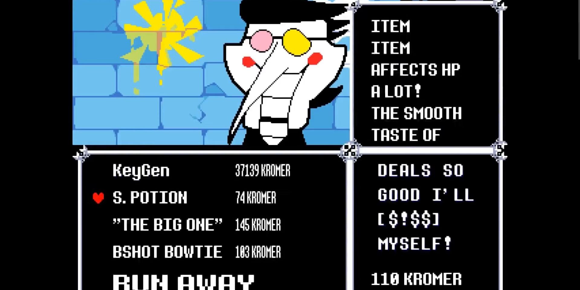 Screenshot of Spamton's Shop in Deltarune.