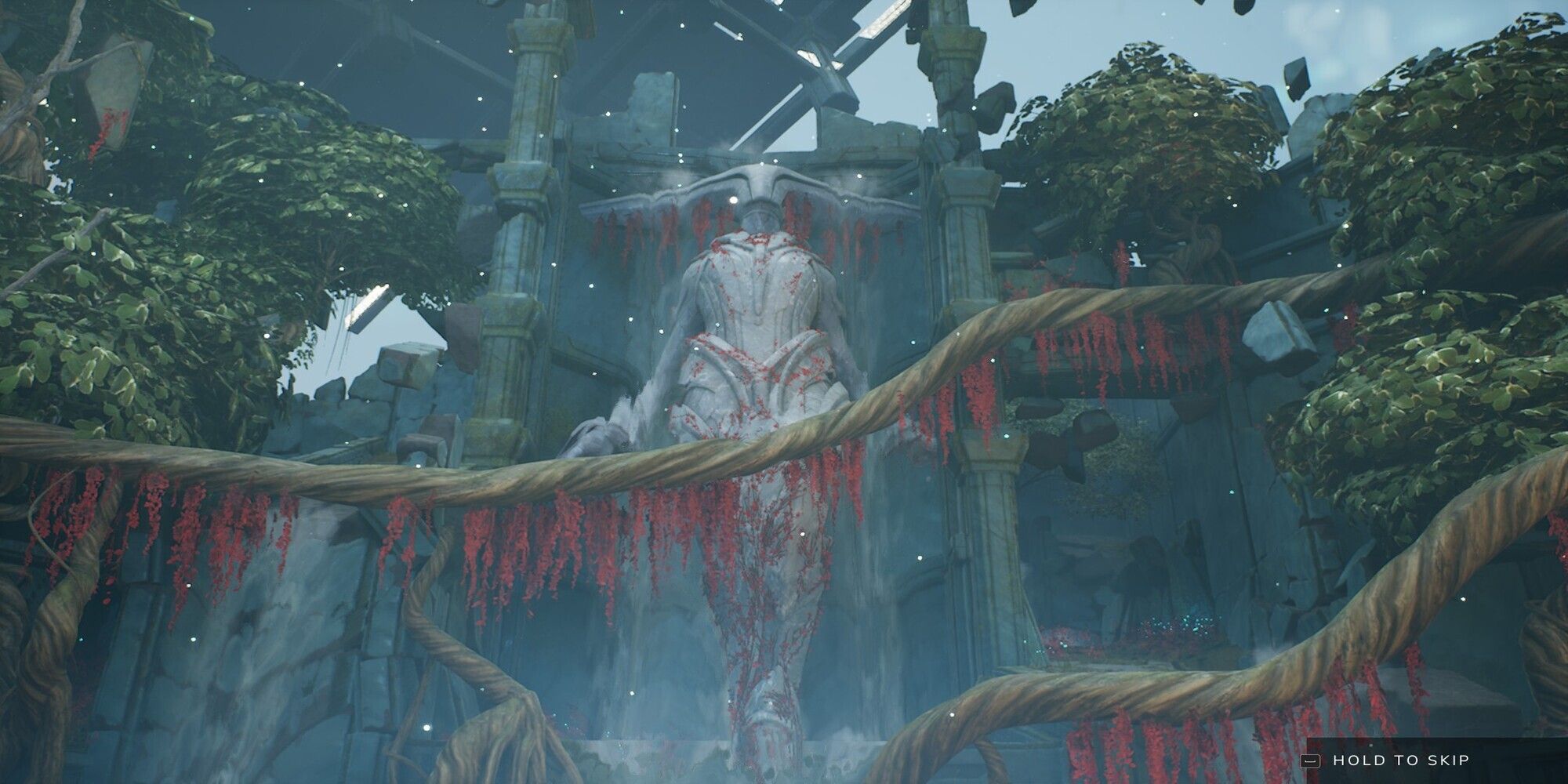 Showcase of the second Quadrant, greenery surrounds a strange statue