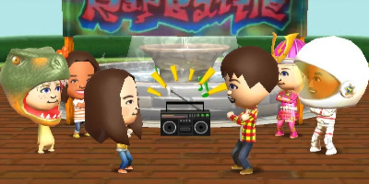 Costumed Miis dance to a boombox in Tomodachi Life.