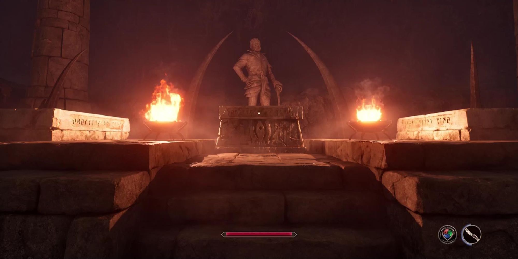 Two stone coffins sit on either side of an altar with a statue of a man in the background in Oblivion Remastered.