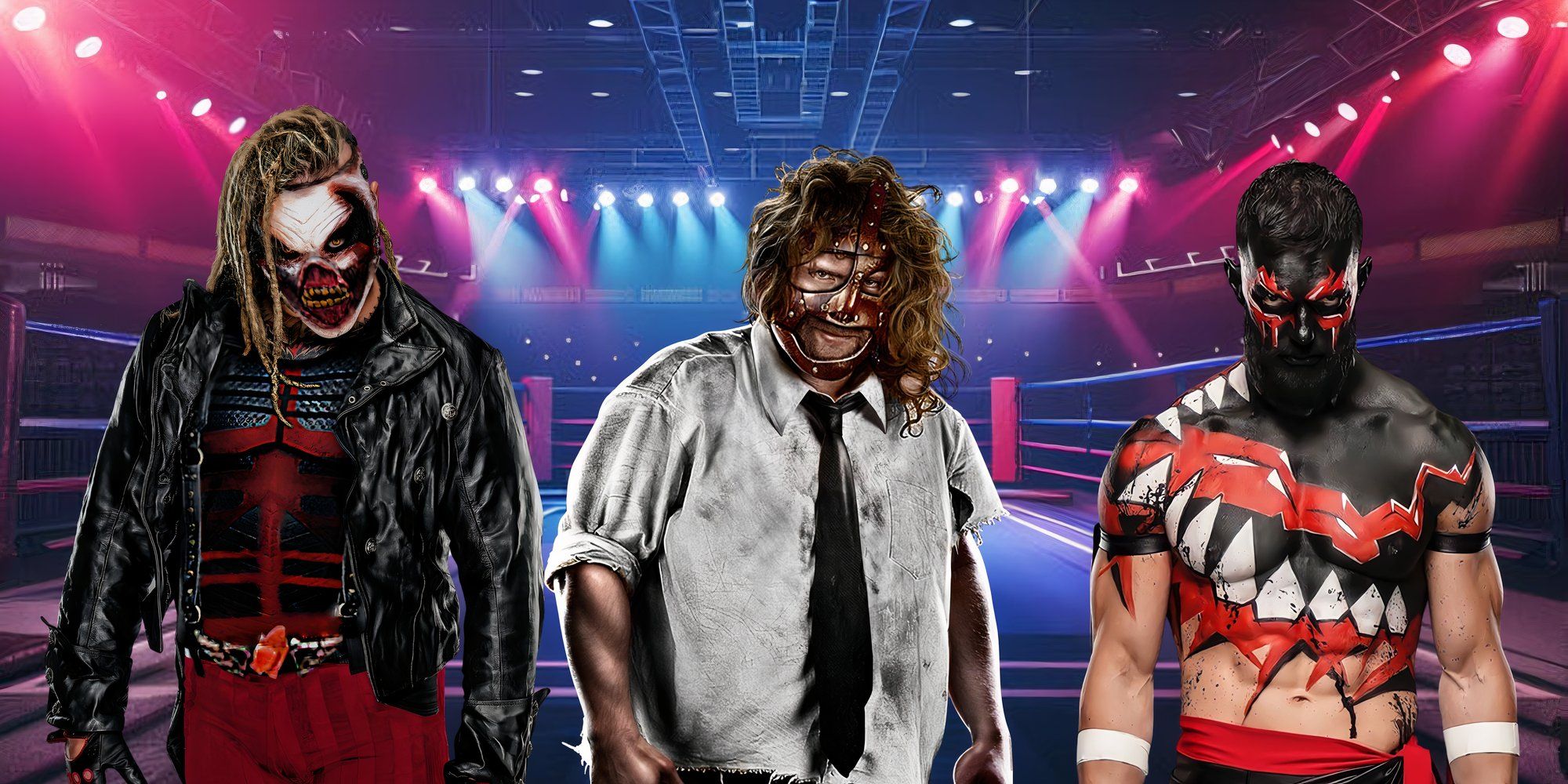 From left to right, Bray Wyatt as The Fiend, Mick Foley as Mankind, and Finn Balor as The Demon