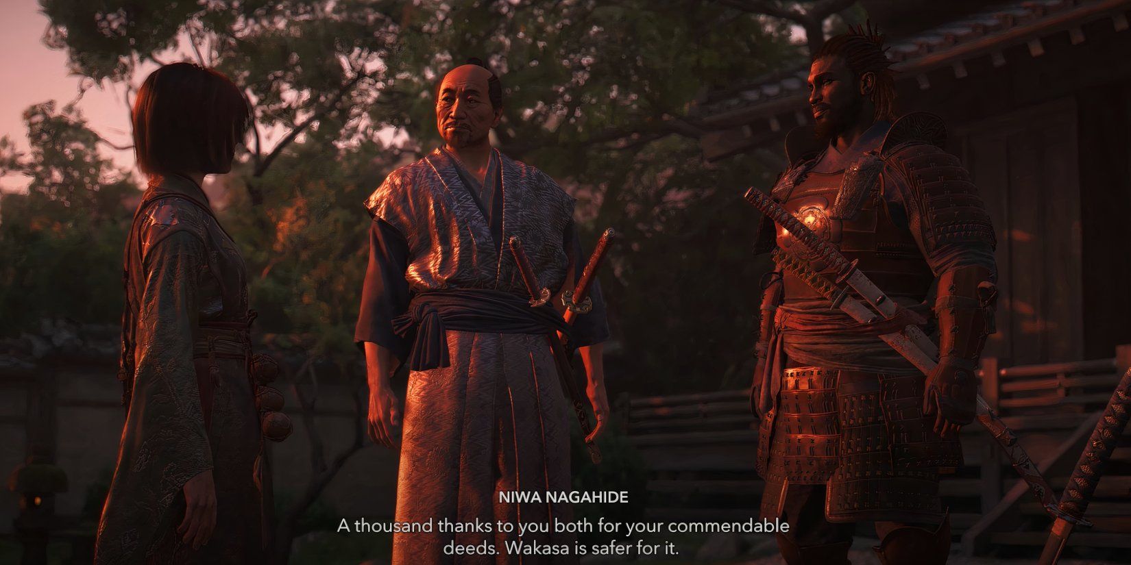 Naoe and Yasuke talk to Nagahide after assassinating the Fox in Assassins Creed Shadows