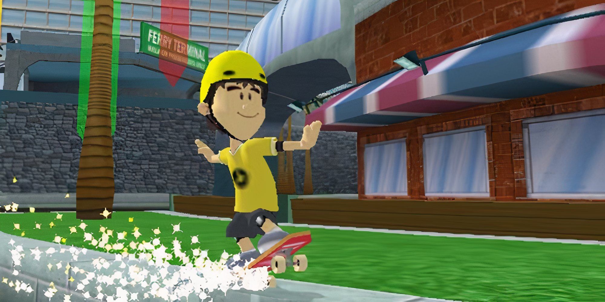A screenshot from the 2004 video game Backyard Skateboarding.