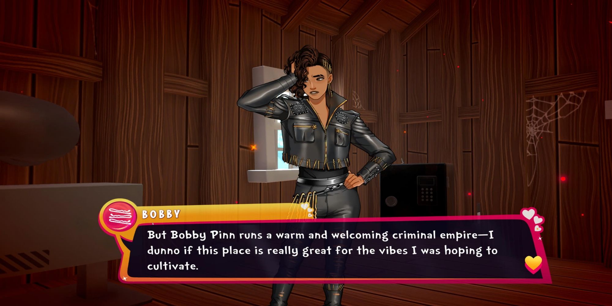 A screenshot of Date Everything! where Bobby Pinn debates with herself about the merits of operating her business out of the attic.