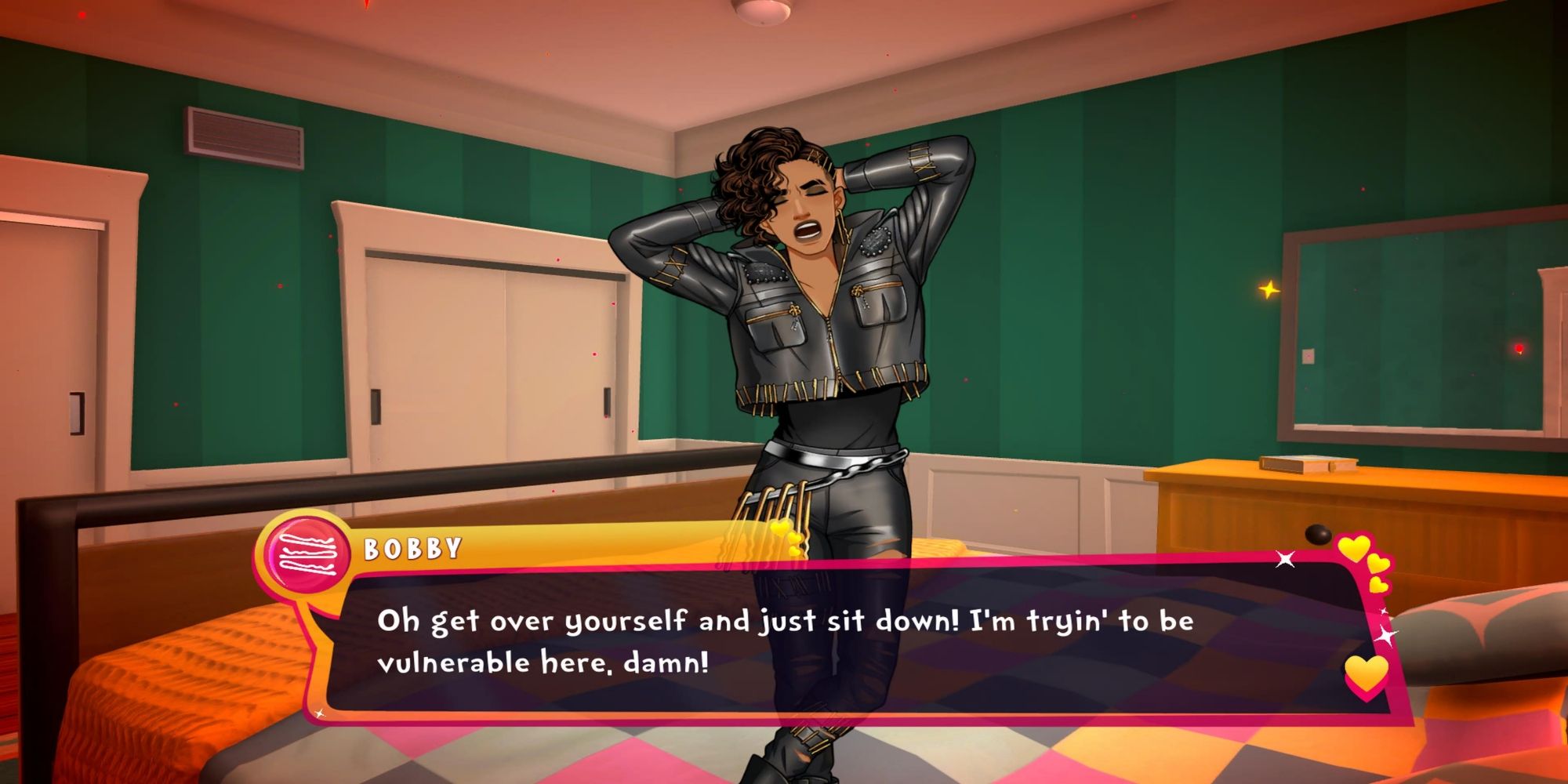 A screenshot from Date Everything! where Bobby Pinn is telling the player to sit down while she's being vulnerable.