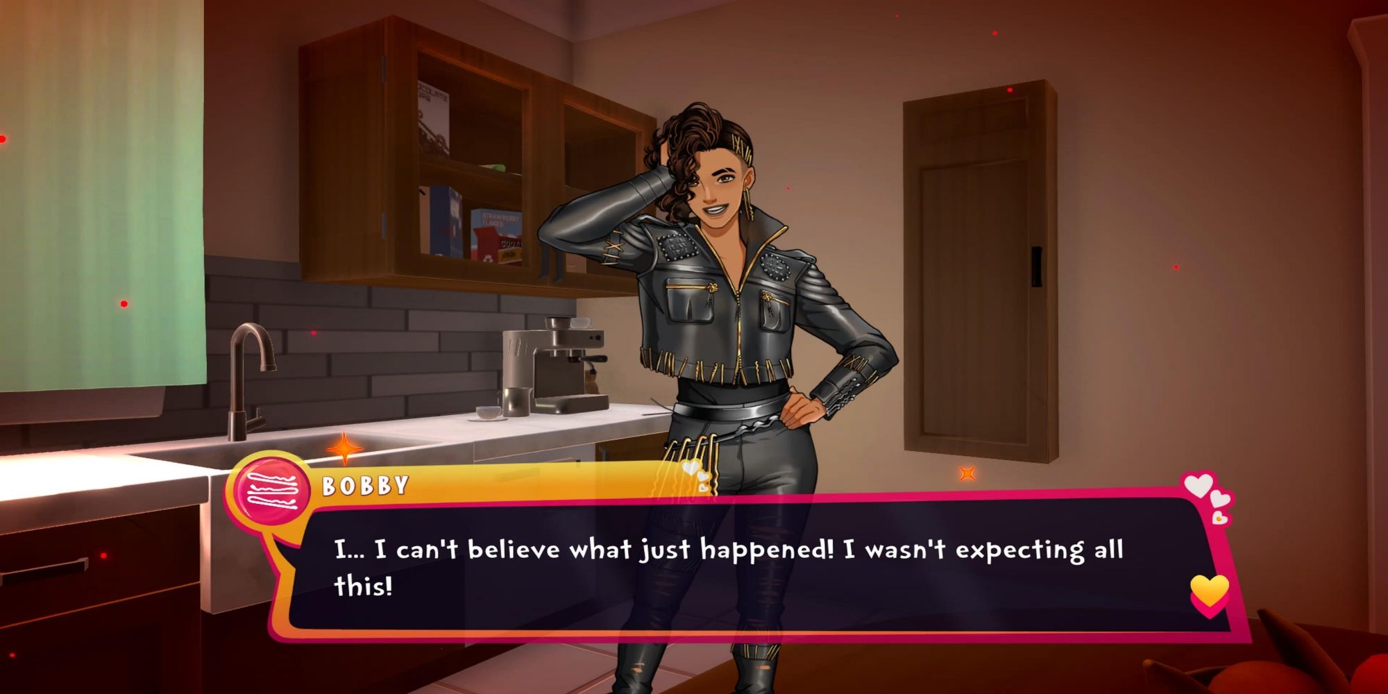 A screenshot of Date Everything! where Bobby Pinn is excitedly talking to the player.