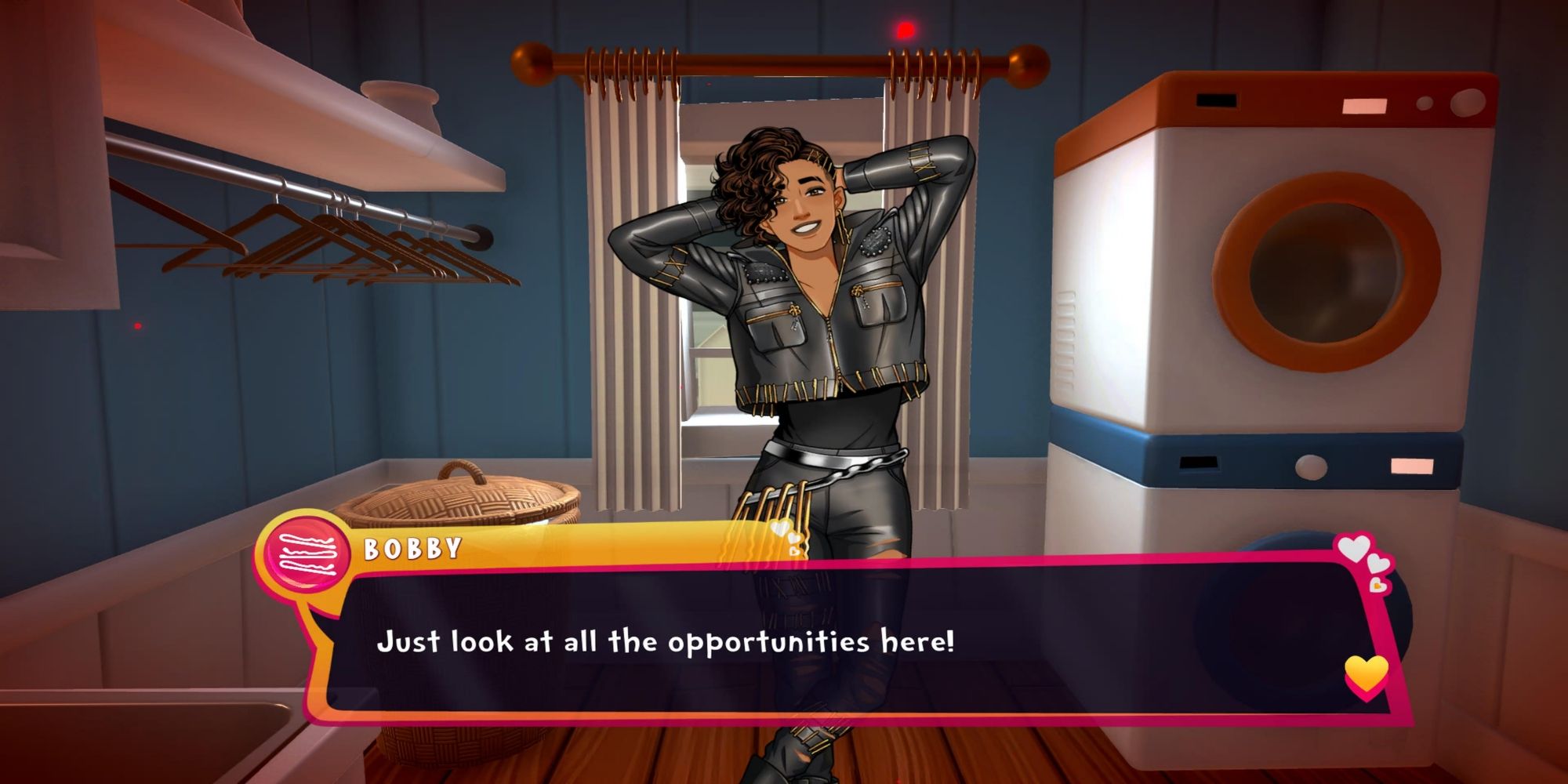 A screenshot from the game Date Everything! where Bobby Pinn revels in all the opportunities to do crime in a laundry room.