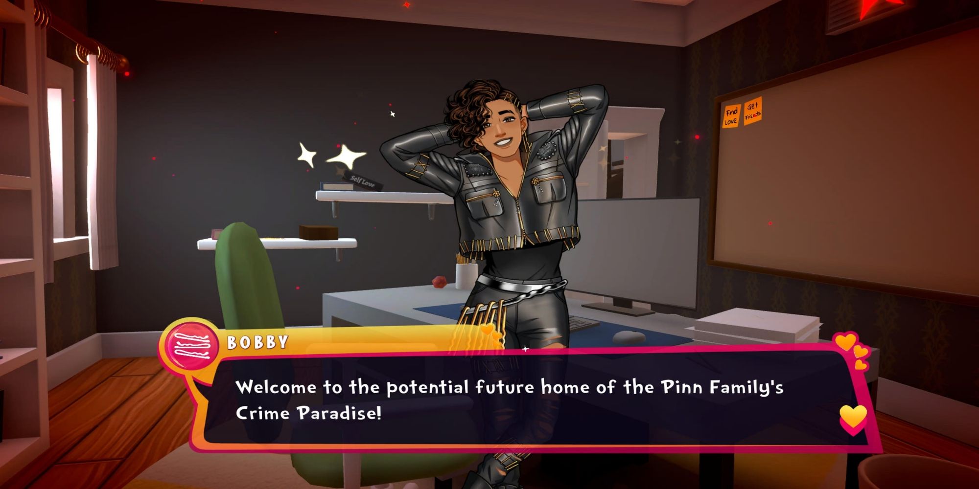 A screenshot from Date Everything! where Bobby Pinn is welcoming the player to the new Pinn Family Crime Paradise.