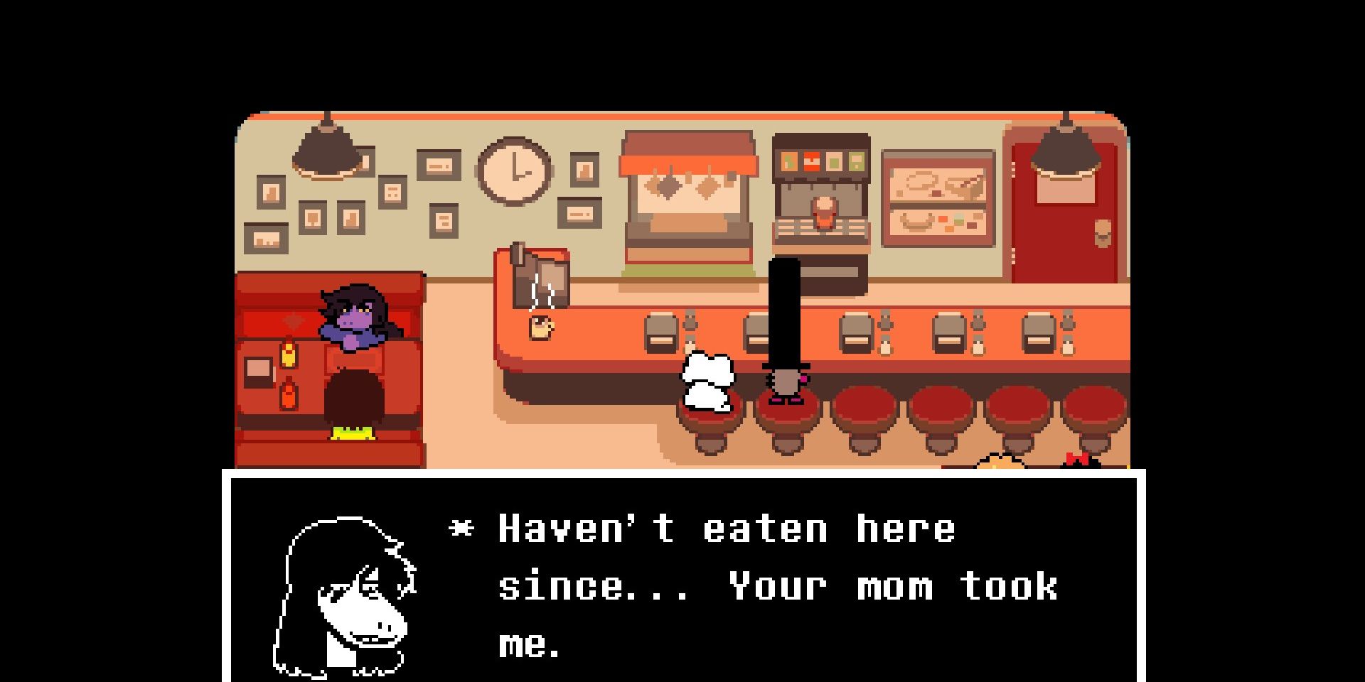 Screenshot of the Diner's Susie Scene in Deltarune.