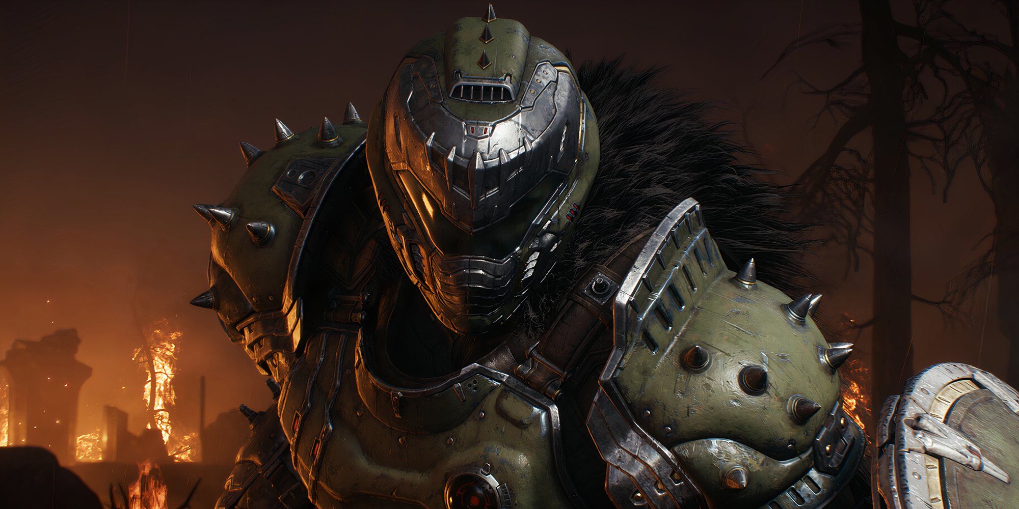 doom dark ages doomslayer in his armor with shield standing outside