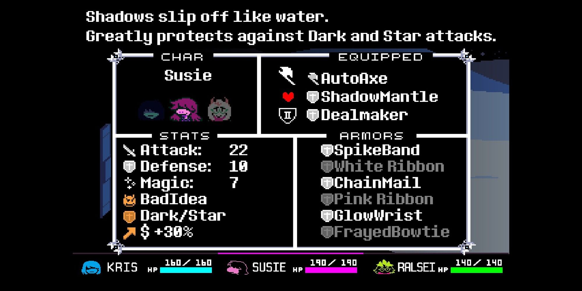 Ejemplo del menú de equipos con el manto de la sombra en Susie