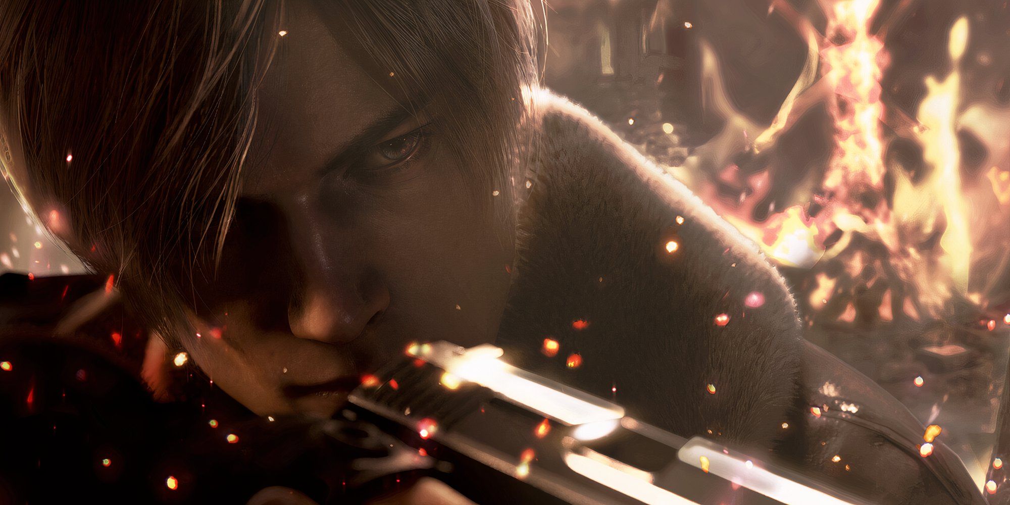 resident evil 4 leon kennedy pointing the pistol while surrounded by fire
