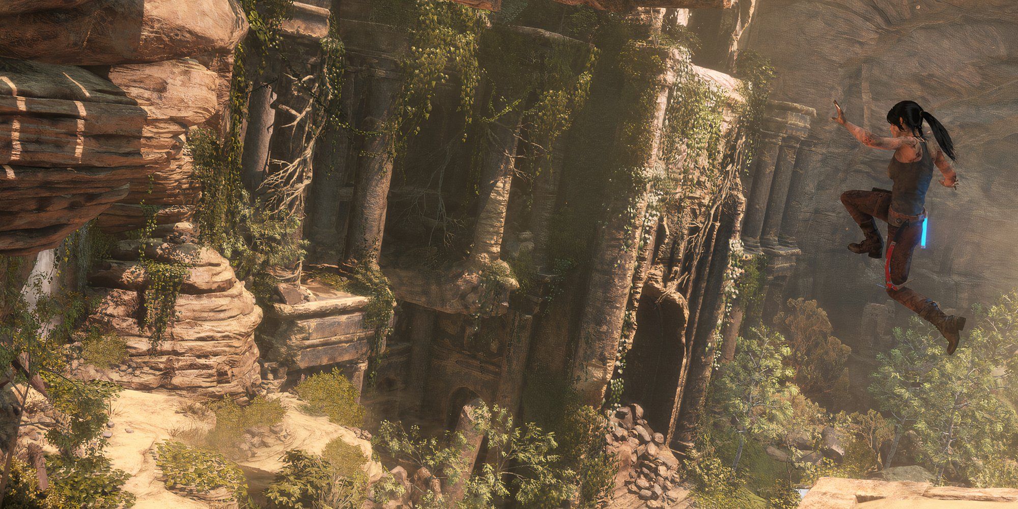 rise of tomb raider protagonist lara croft jumping in the outdoors