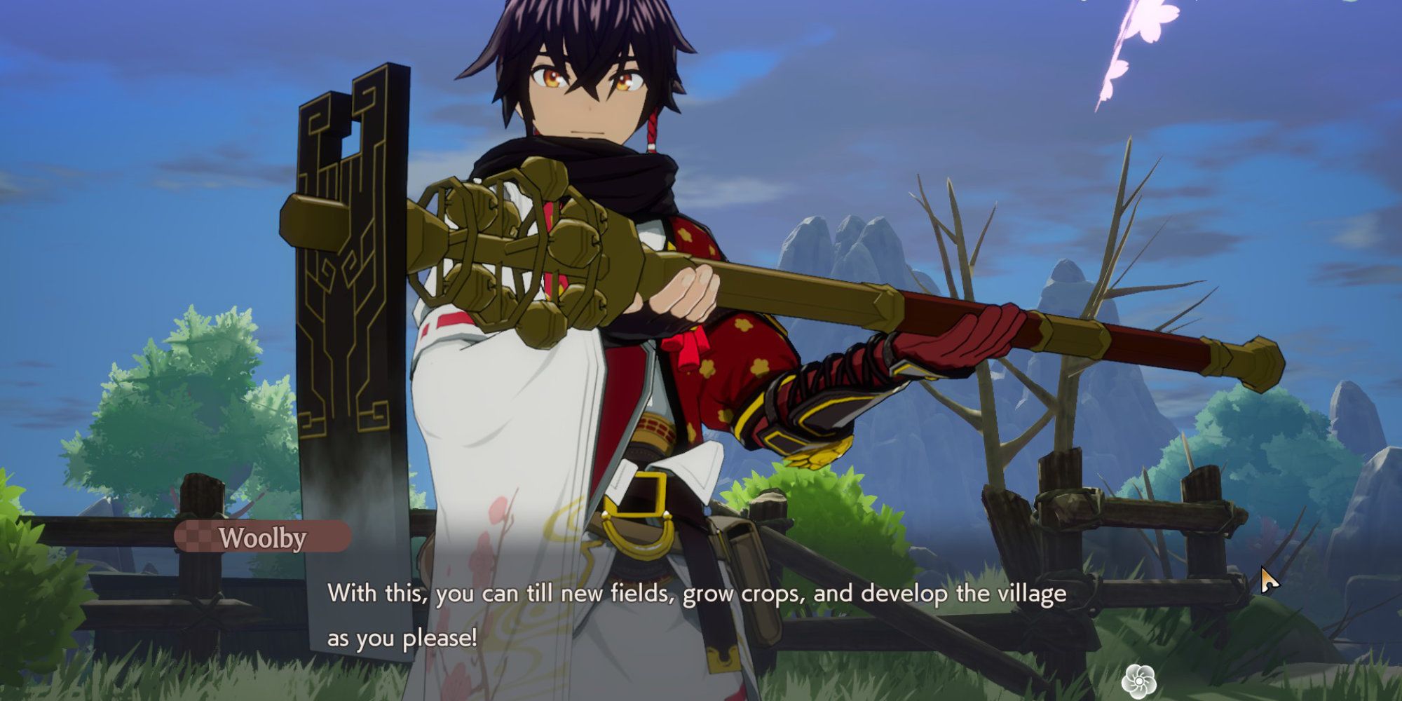 Receiving the Terra Tiller from Woolby in Rune Factory: Guardians of Azuma.