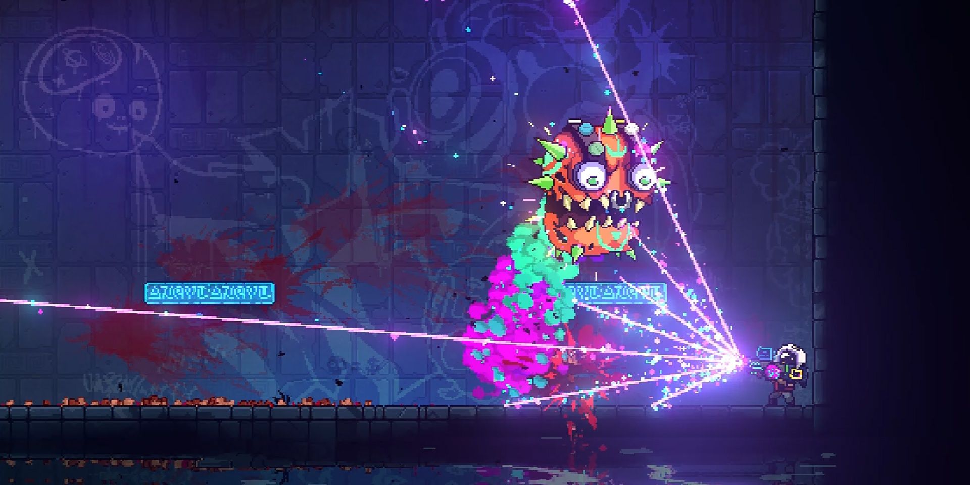 Shooting at a giant head monster in Neon Abyss