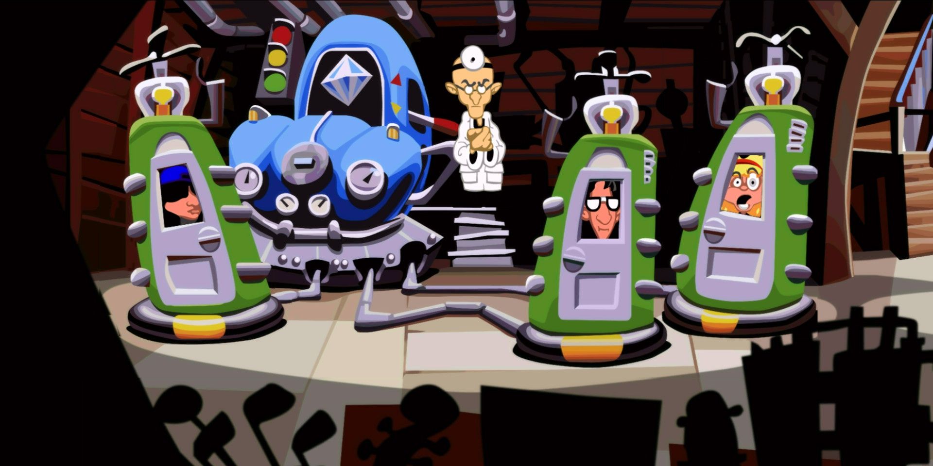 Bernard, Laverne, and Hoagie in the Chrono-Johns in Day of the Tentacle Remastered