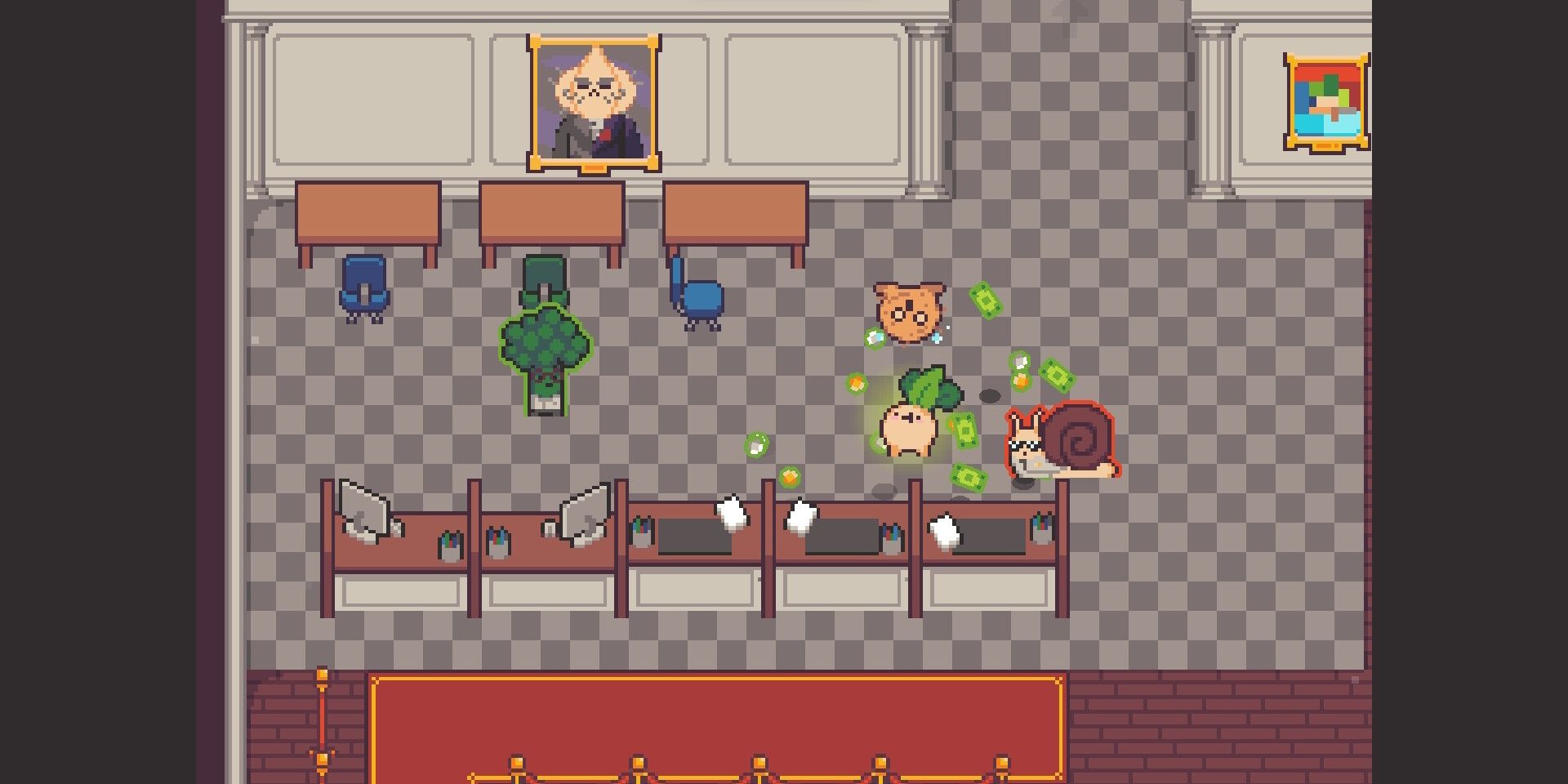 Turnip Boy shakes down an employee in Turnip Boy Robs a Bank