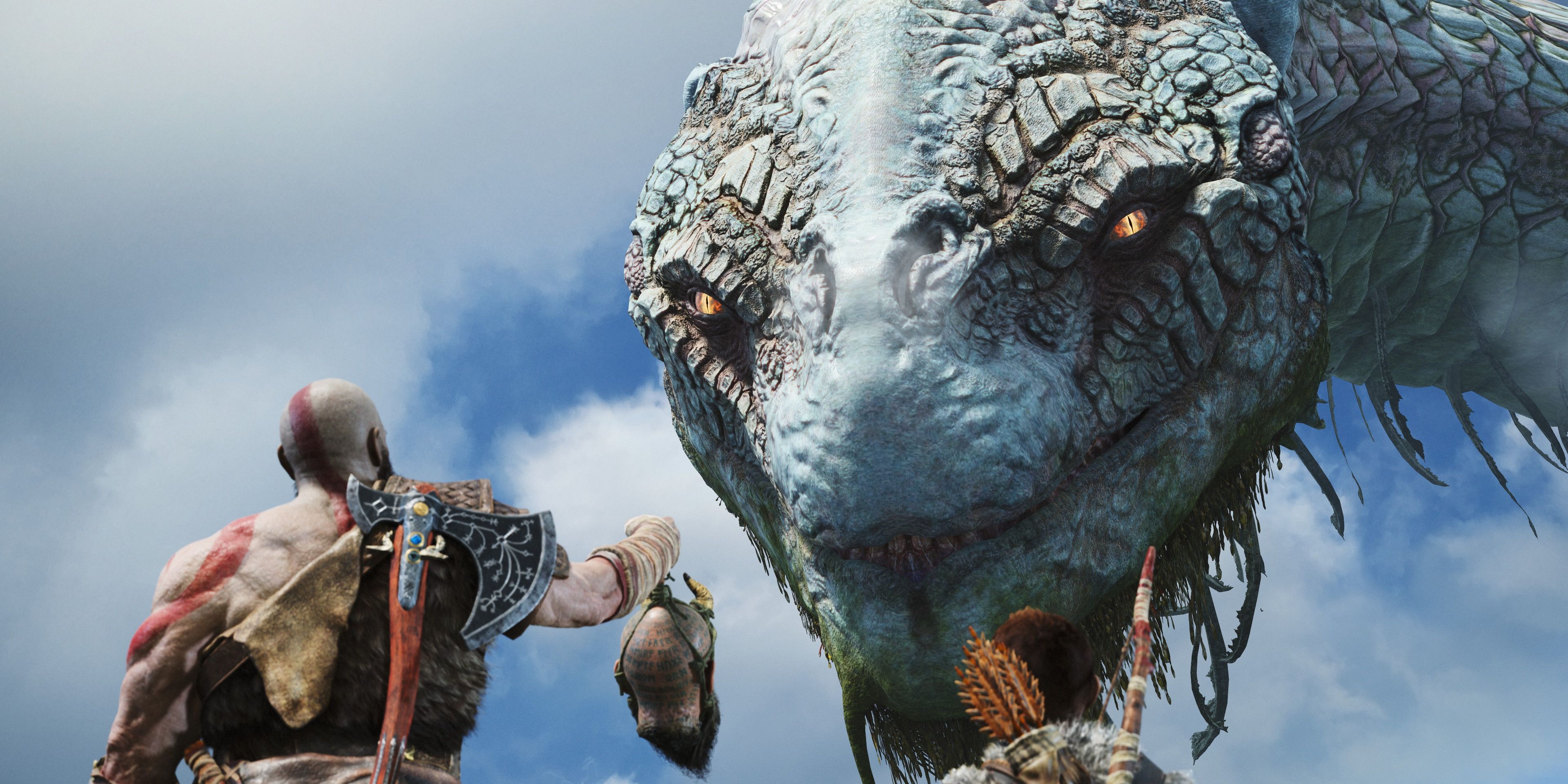 Kratos, Atreus, and Mimir meet Jormungandr in God of War