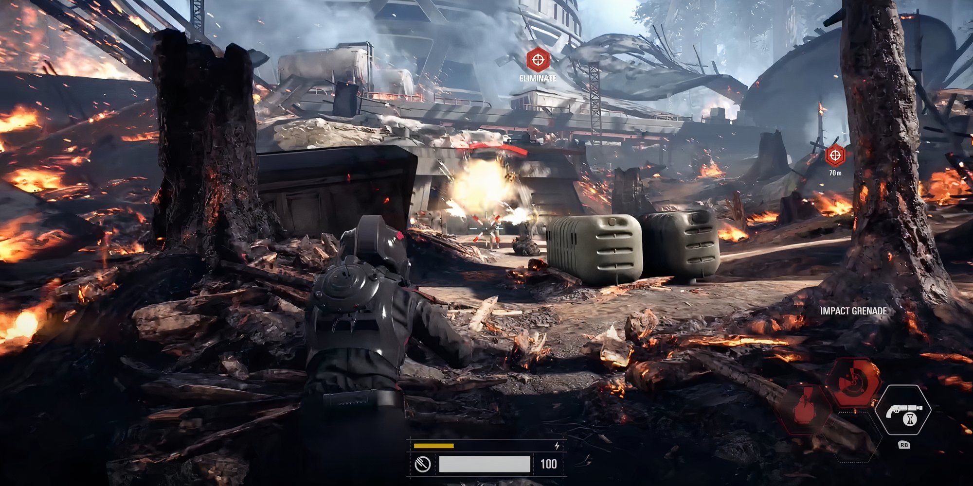 Iden Versio throwing an impact grenade at rebel troops in Star Wars Battlefront II campaign