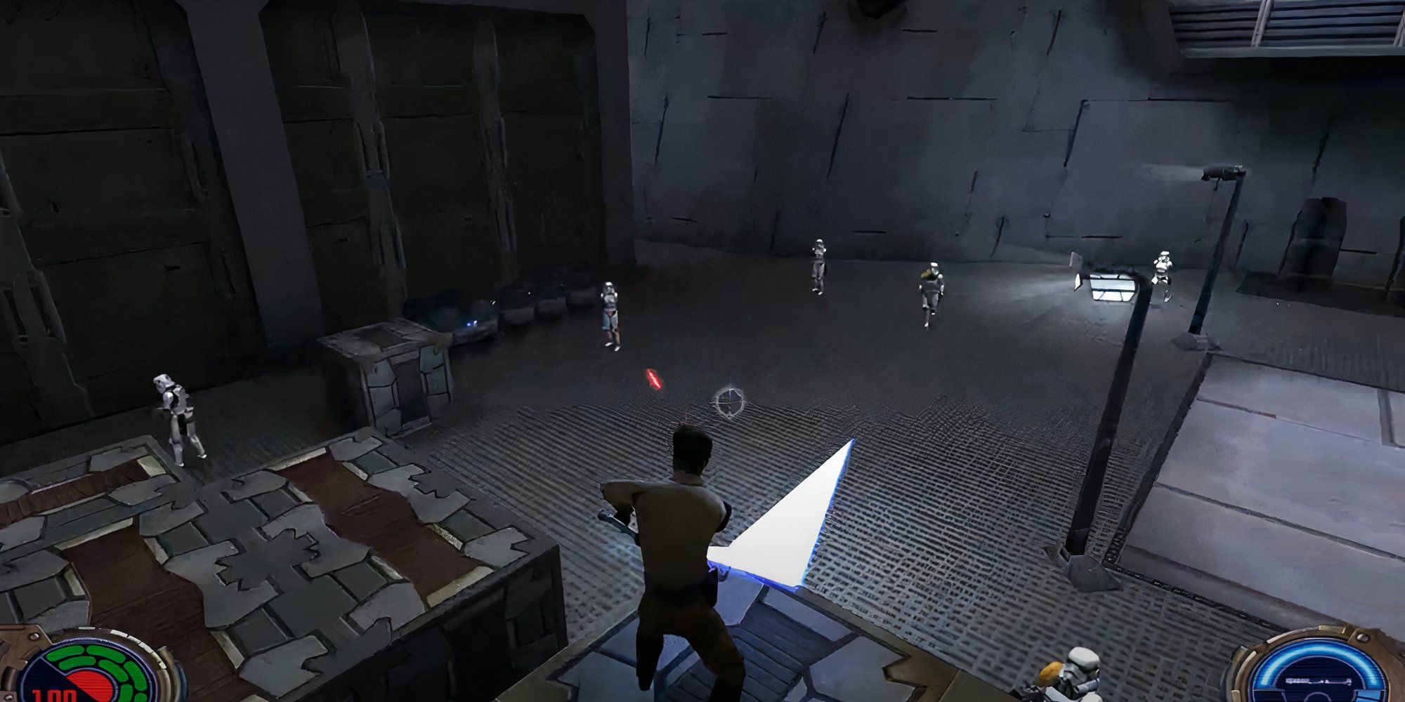 Stormtroopers firing at you in the Cairn Dock level in Star Wars Jedi Knight 2 Jedi Outcast