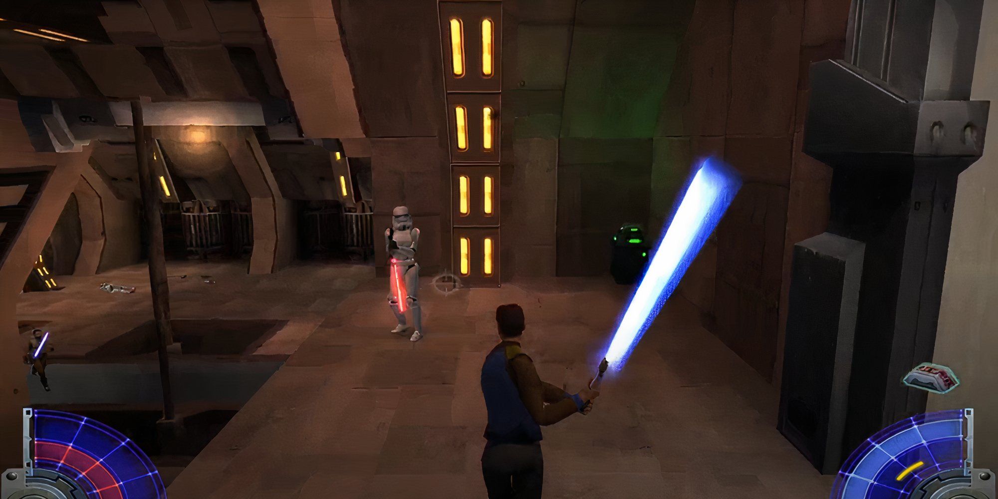 Using a lightsaber to fight a stormtrooper with a blaster in Jedi Knight: Jedi Academy