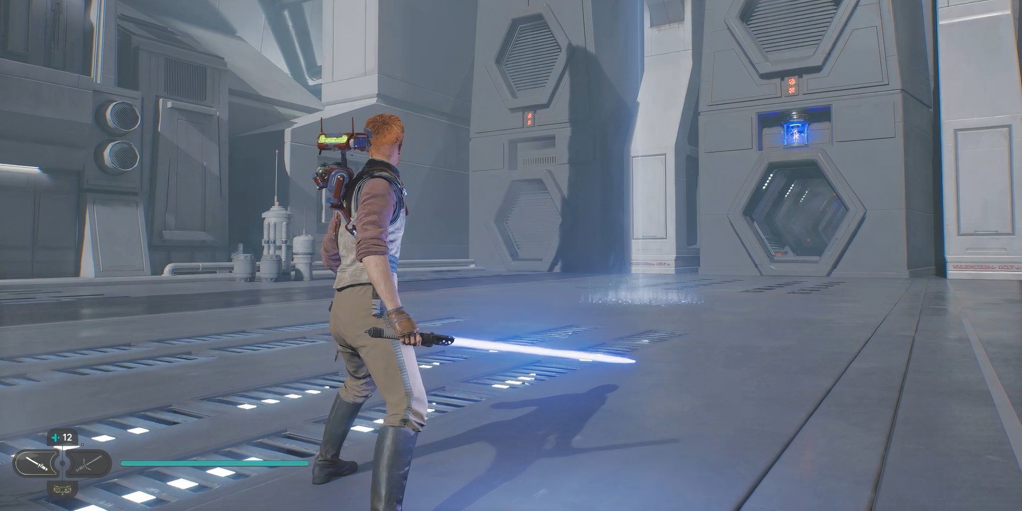 Cal and BD-1 standing with an ignited blue lightsaber in Jedi: Survivor