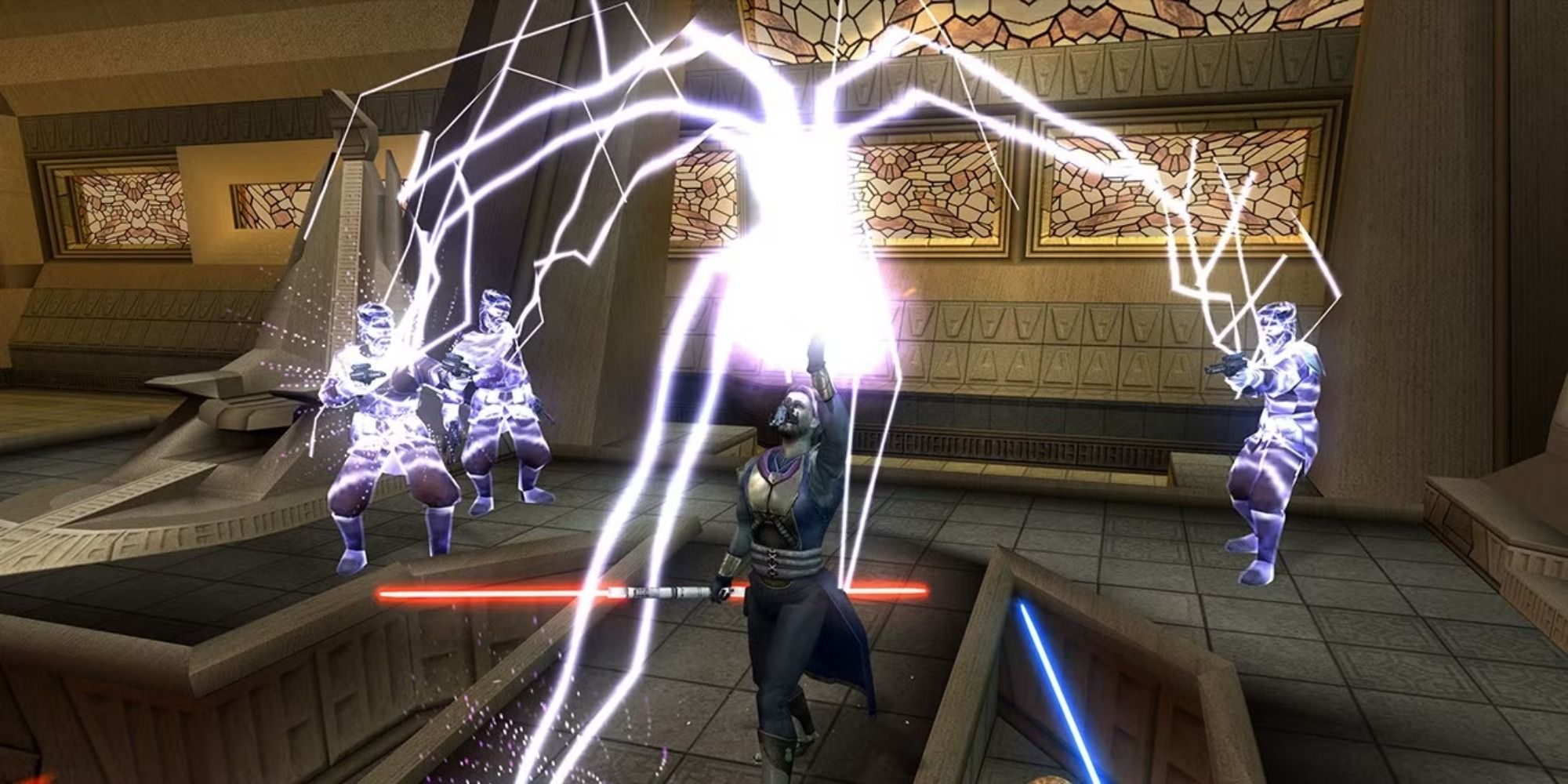 Star Wars Knights Of The Old Republic 2 The Sith Lords character using arcing lightning attack