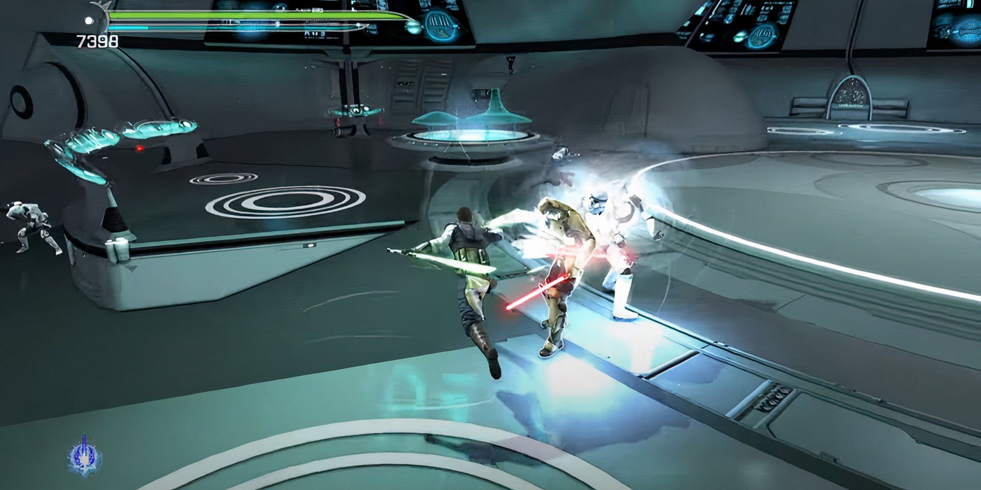 Starkiller's clone fighting Imperial troops in Star Wars: The Force Unleashed 2