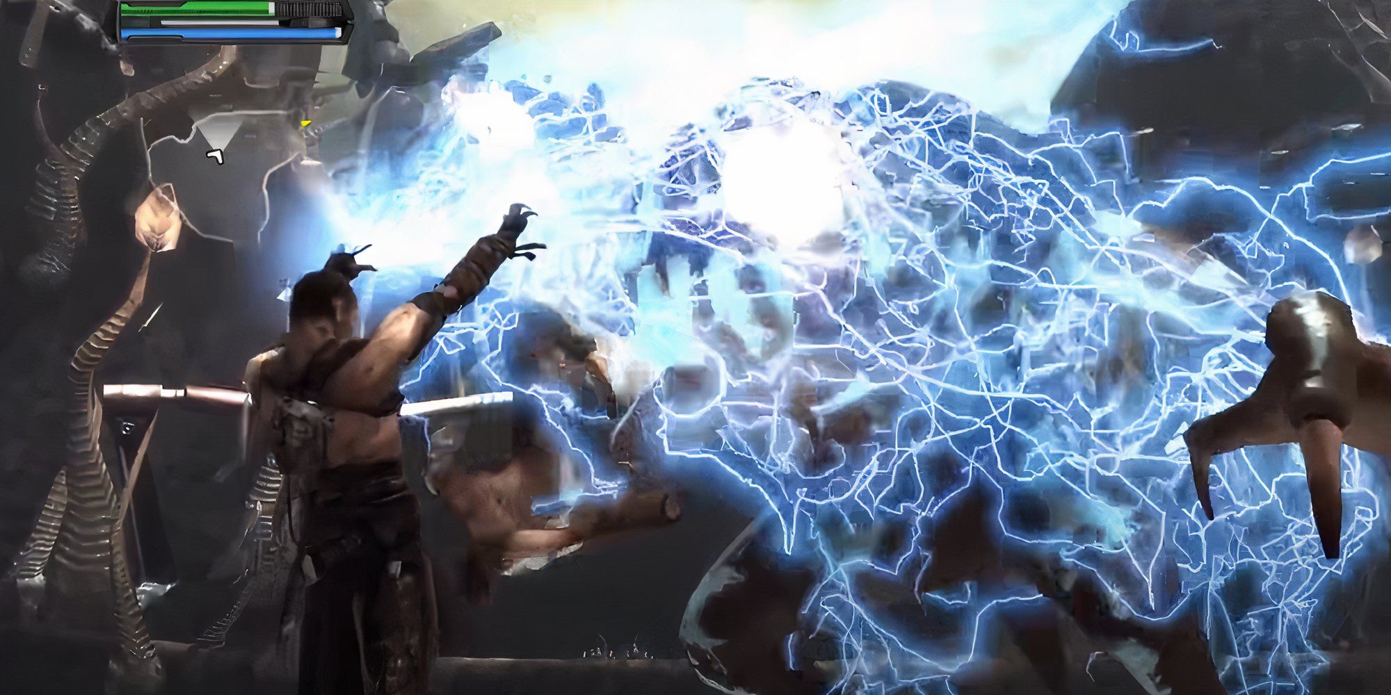 Starkiller unleashing Force lightning on a rancor in The Force Unleashed