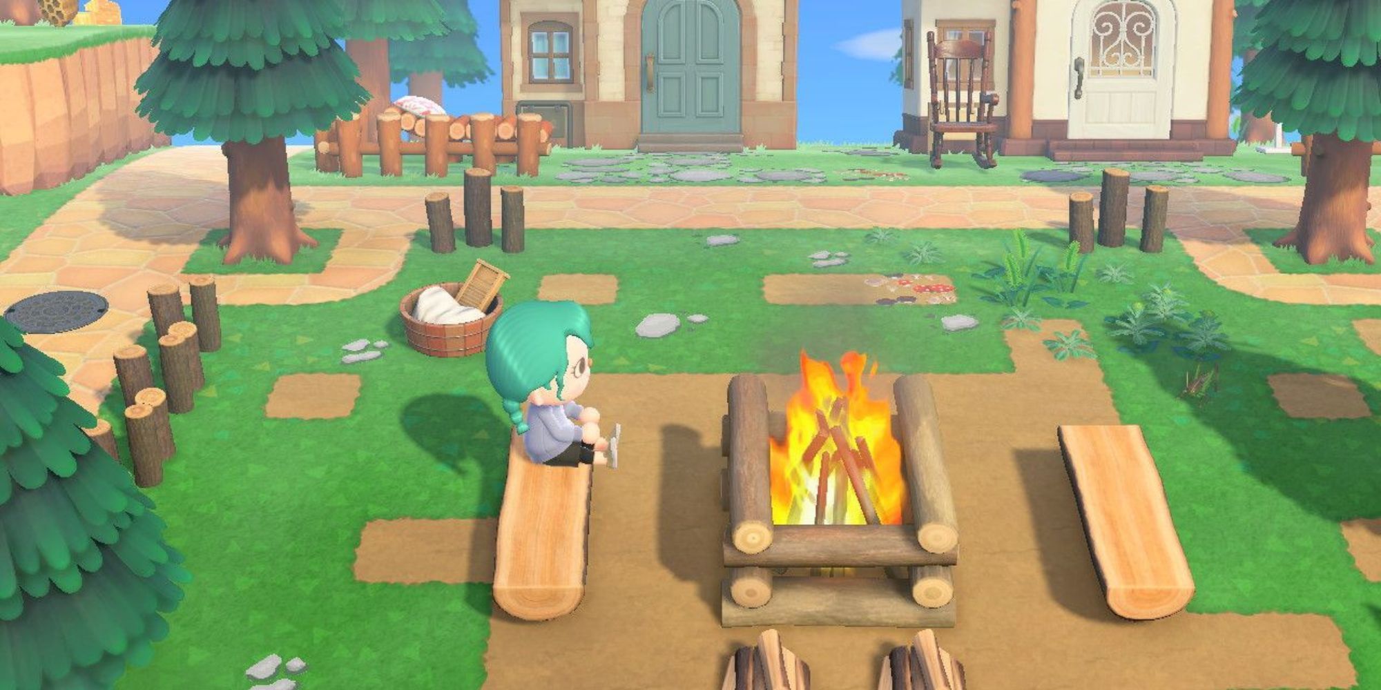 Animal Crossing New Horizons Player next to campfire