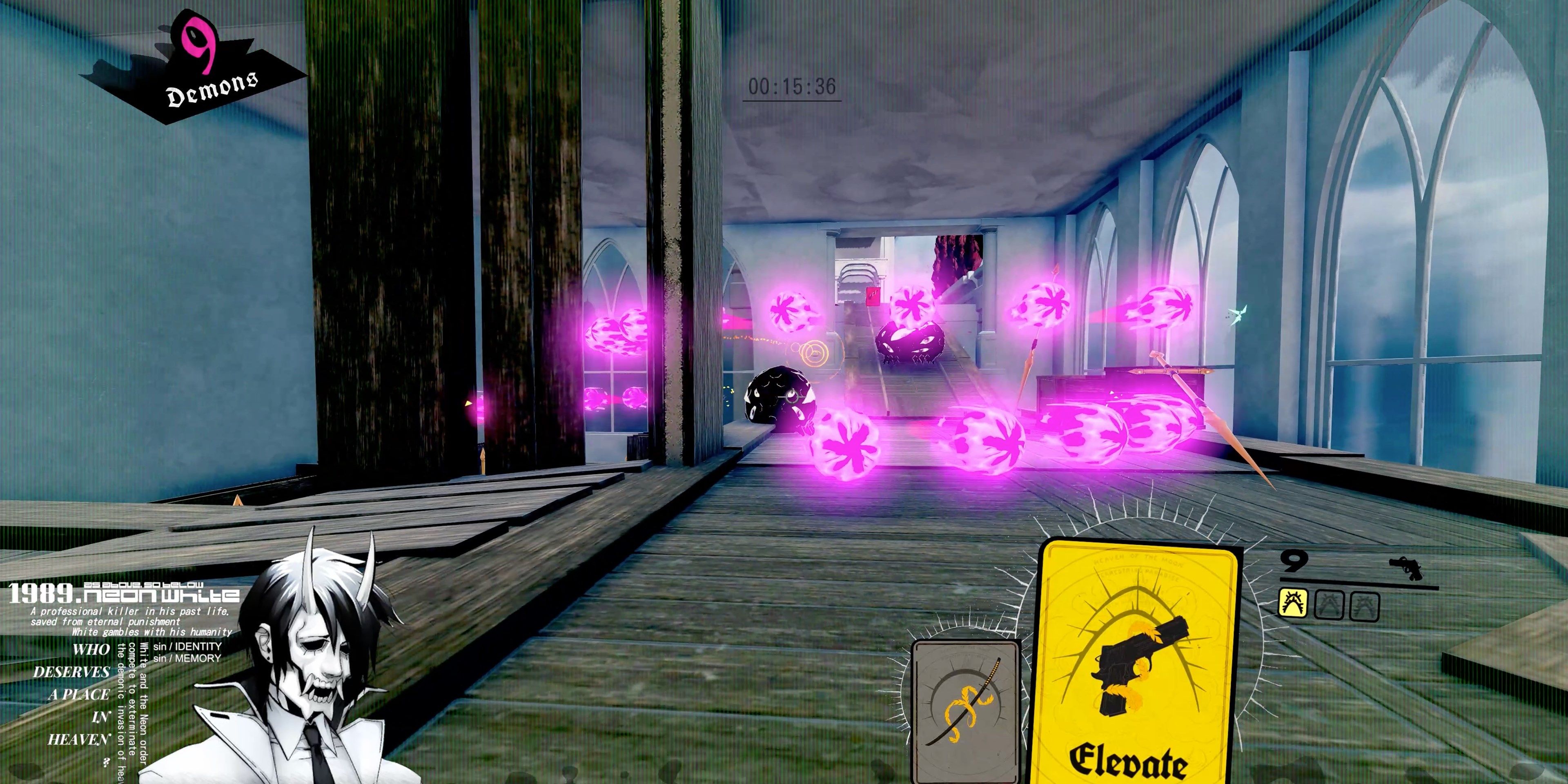 Dodging enemy bullets in Neon White