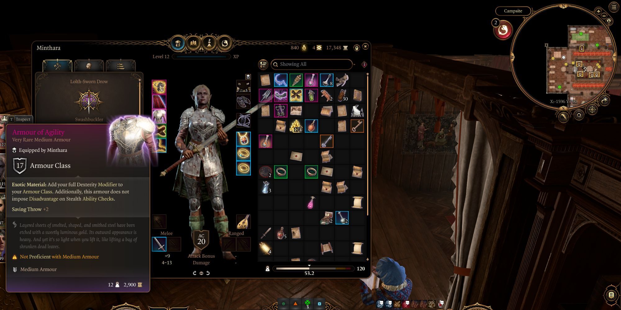 Baldur's Gate 3 Minthara Swashbuckler Rogue  Inventory Screen