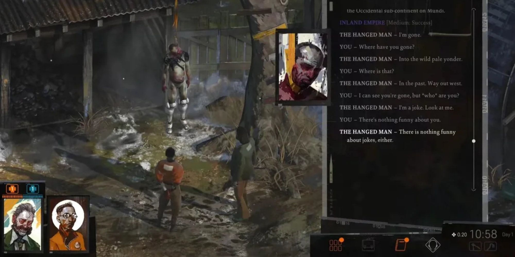 A dead body says jokes aren't funny in Disco Elysium.