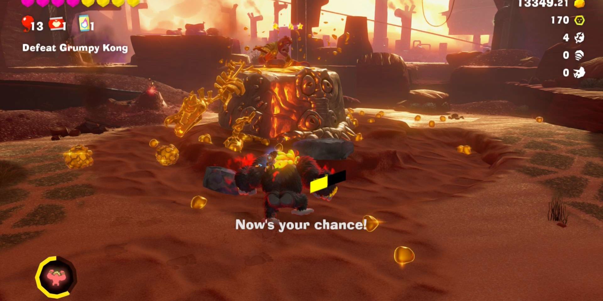 Screenshot of one of Donkey Kong Bananza's Boss Fights against Grumpy Kong.