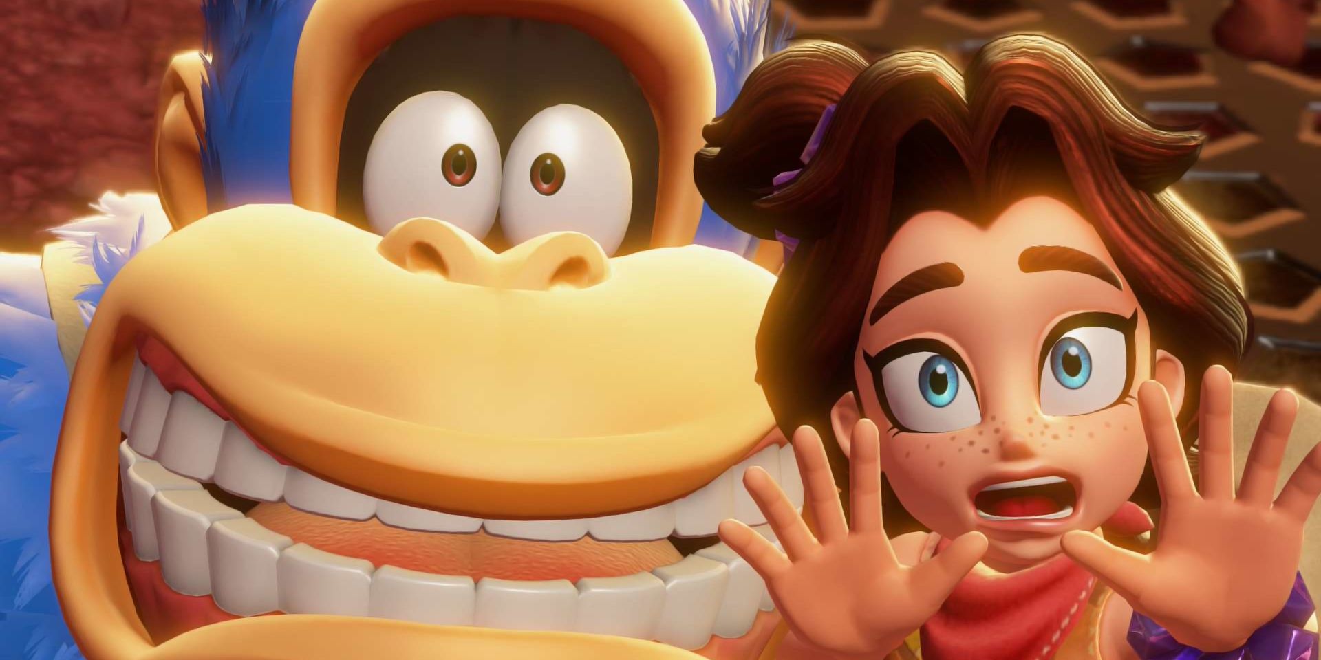 Screenshot of Donkey Kong Bananza, showcasing the Facial Expressions in a cutscene.