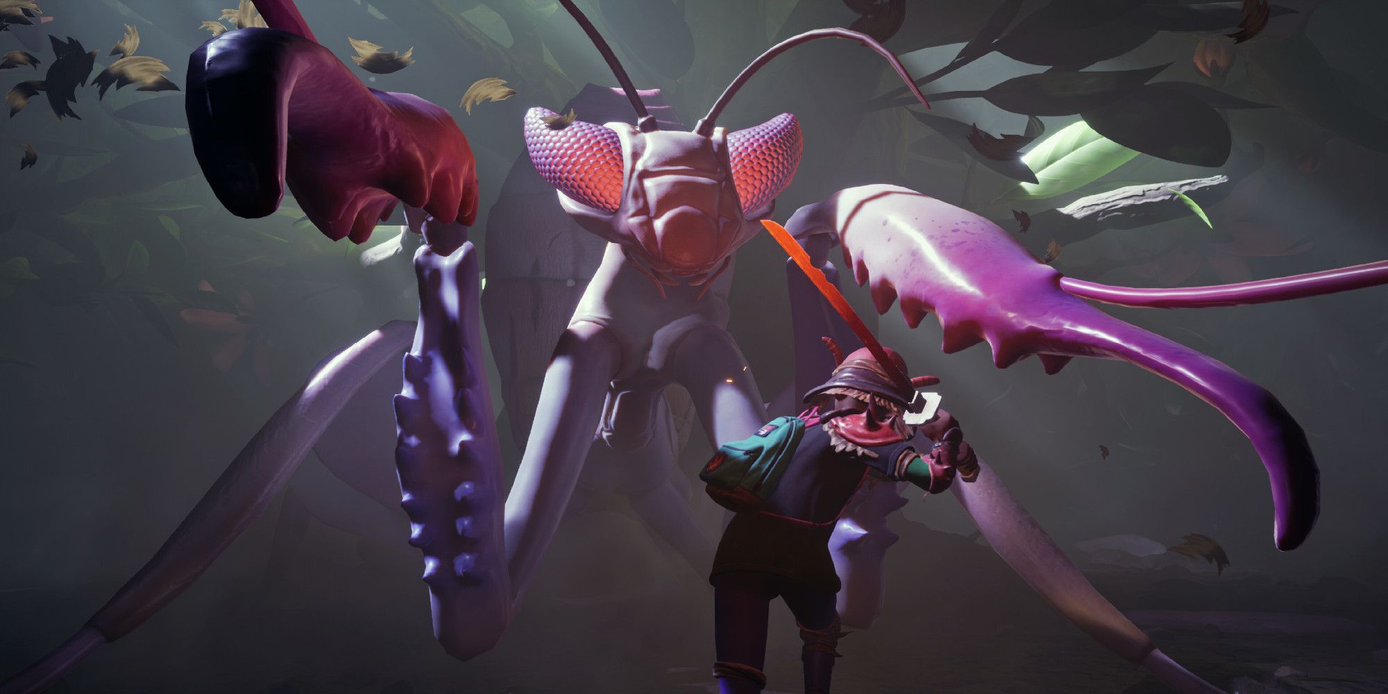 Grounded player fighting a praying mantis