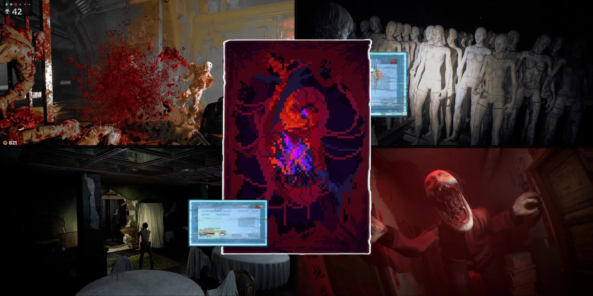 Horror Games of 2025 Collage with Images from Killing Floor 3, Post Trauma, The Mute House, Dread Flats, and Last Report