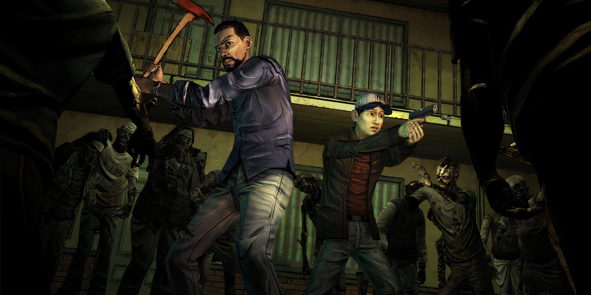 Lee and Glenn defending themselves against a horde of zombies